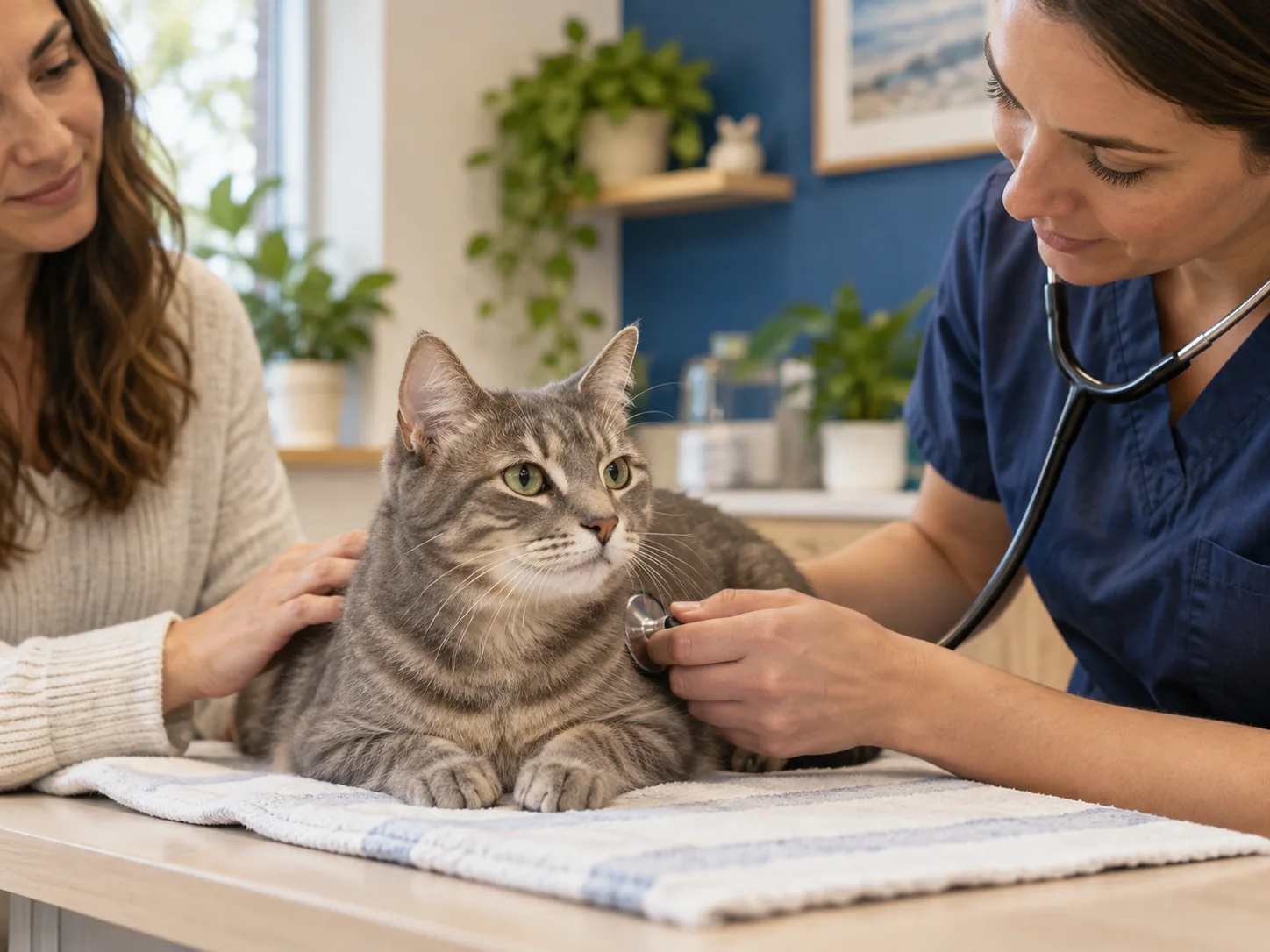 Gato em consulta veterinária tranquila, acompanhado por sua tutora