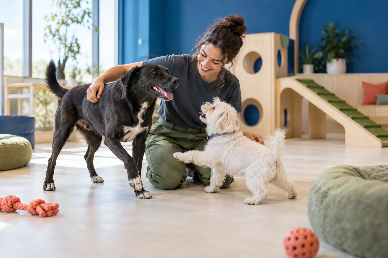 Dois cães interagindo com uma cuidadora