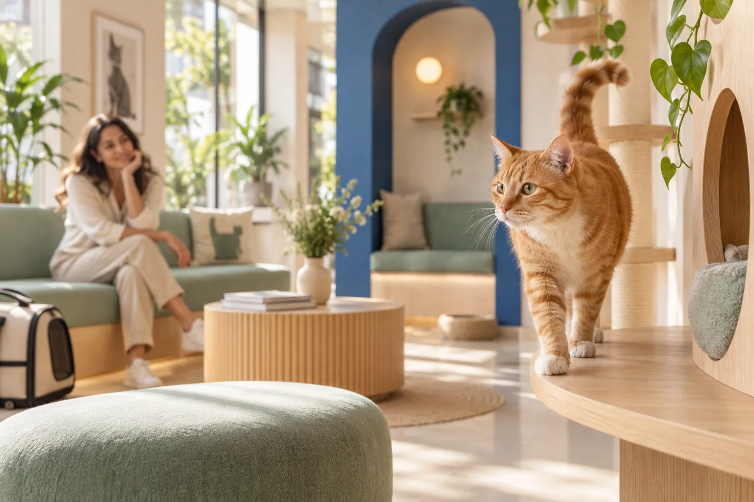 Gato explorando um ambiente acolhedor e preparado para felinos